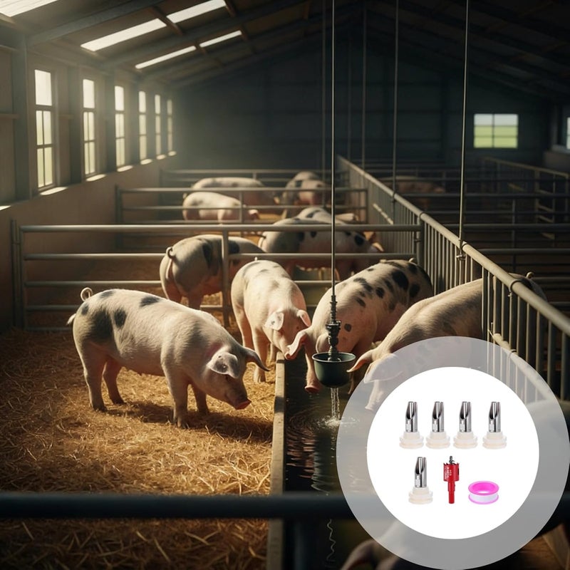 5 Pcs Pig Teat Waterer Kit, Stainless Steel Automatic Swine Drinking System, with 5 Plastic Connectors, 1 Hole Saw, 1 Sealing Tape, for Tube Installation - Image 4