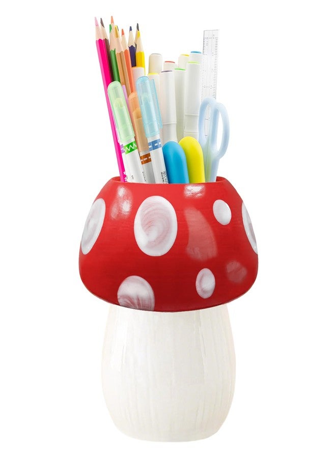JoMeng Ceramic Mushroom Pencil Holder, Multi-function Mushroom Cup Storage for Makeup Brush/Toothbrush, Cute Ornament Decor for Home, Bedroom, Office, Kawaii Gifts for Women/Girl/Kids for Birthday/Xmas, Red - Image 1