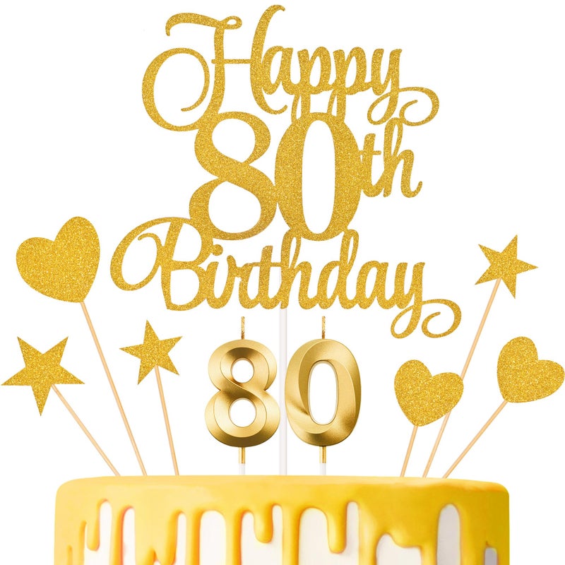 Lecferrarc 80th Birthday Cake Decorations 80th Birthday Candles Cake Numeral Candles and Glitter Happy 80th Birthday Cake Toppers Set for Birthday Party Supplies Gold - Image 2