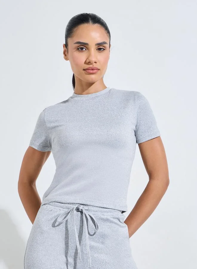 Styli Active Grey Solid Fitted T-Shirt And Flared Pants Active Set