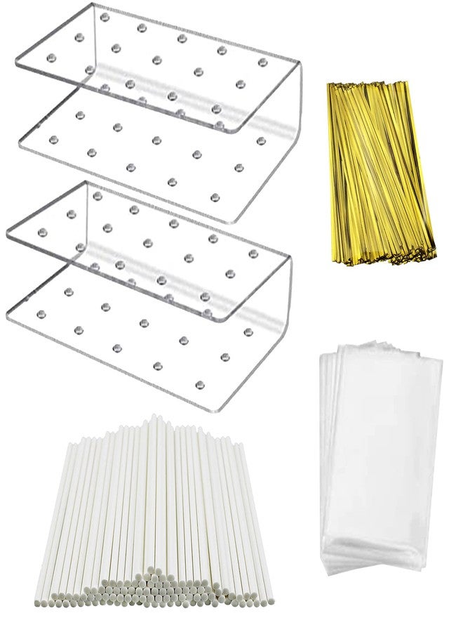 MR.FOAM Acrylic Lollipop Holder,2PC Cake Pop Stand Display Cake Pop Holder 100PCS Lollipop Sticks 100PCS Clear Treats Bags and 100PCS Gold Metallic Twist Ties for Candy Cake Pop Making Tools - Image 3
