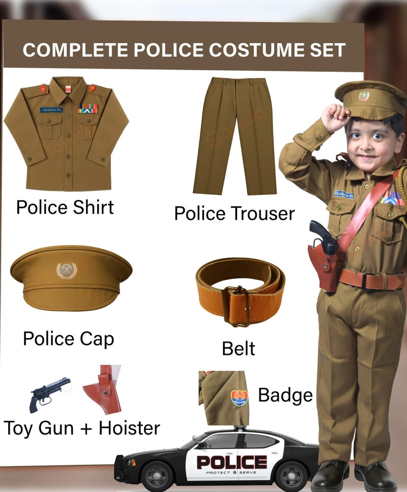 Sarvda Police Dress For Kids | Khaki Costume With Shirt, Pant, Cap, Belt, Lenyard, Battle Toy With Holster | Community‑Helper Fancy Dress For Boys & Girls | Ideal For Independence Day Republic Day - Image 2