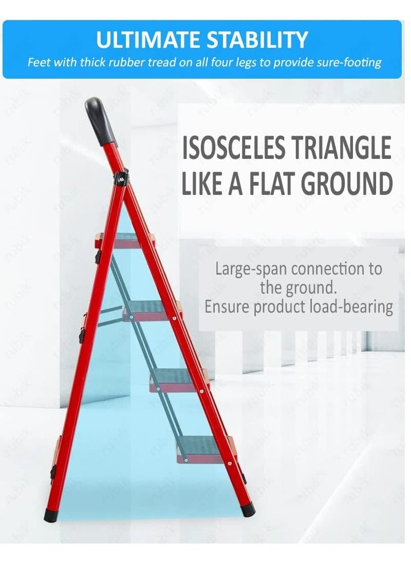 Rubik Ladder Foldable 4 Steps Wide Step Steel Multi Purpose Portable Folding Stepladder Stool for Home Kitchen Garden Office Warehouse (Red) - Image 4