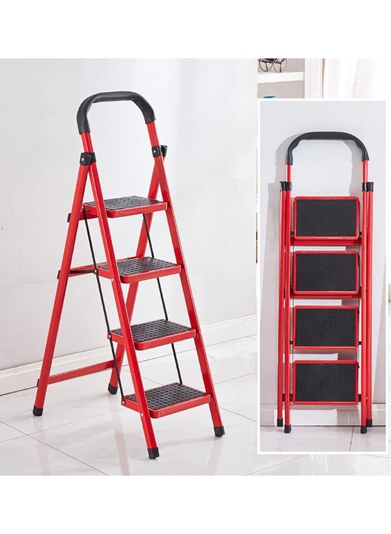 Rubik Ladder Foldable 4 Steps Wide Step Steel Multi Purpose Portable Folding Stepladder Stool for Home Kitchen Garden Office Warehouse (Red) - Image 1