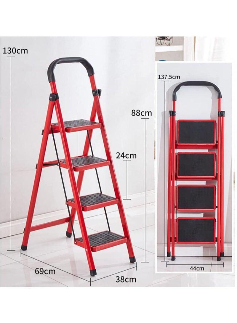 Rubik Ladder Foldable 4 Steps Wide Step Steel Multi Purpose Portable Folding Stepladder Stool for Home Kitchen Garden Office Warehouse (Red) - Image 2