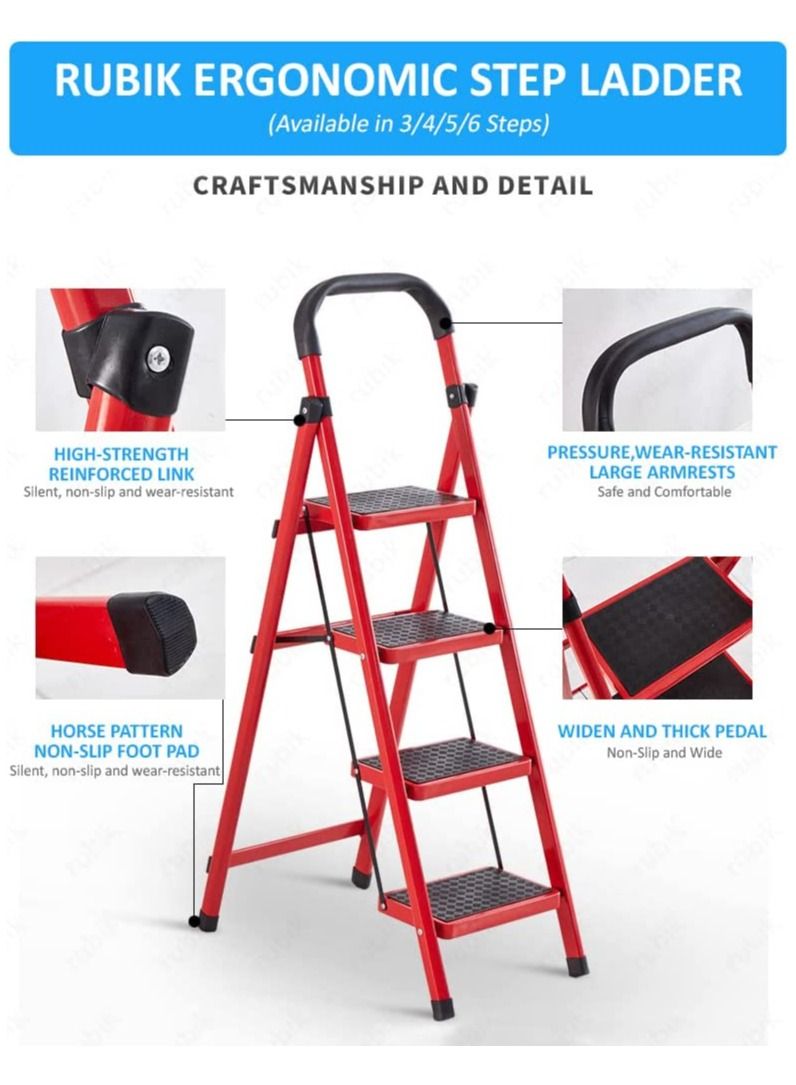 Rubik Ladder Foldable 4 Steps Wide Step Steel Multi Purpose Portable Folding Stepladder Stool for Home Kitchen Garden Office Warehouse (Red) - Image 3
