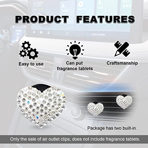 RBOKO 2pcs Car Vent Clip, Bling Crystal Heart Charms, Universal Car Air Conditioning Decor, White - Image 4