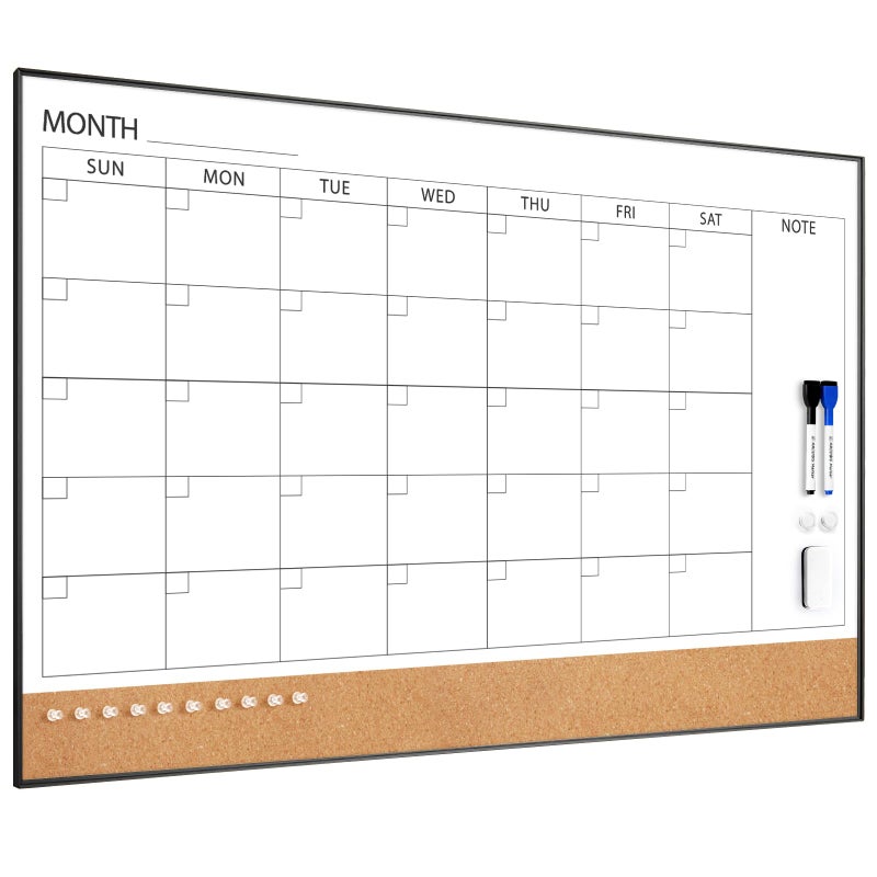 ARCOBIS Dry Erase Calendar with Cork Board for Wall, 36"x 24" Magnetic Calendar Whiteboard with Black Frame, Monthly Combination Board for School, Home, Office - Image 1
