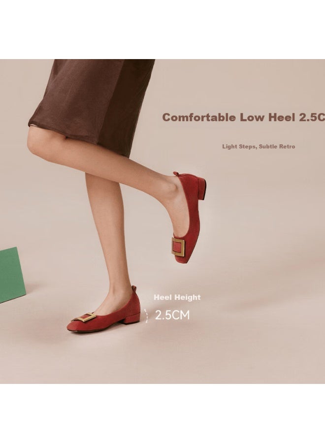 Basto 25 Autumn Simple Fashion Metal Buckle Chunky Heel Square Toe Women's Shoes B0016aq6 Red 36 - Image 2