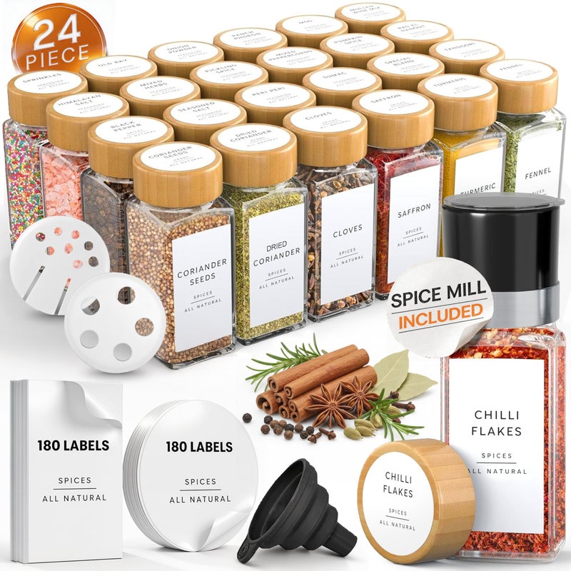 Livabl Glass Spice Jars with 360 Labels -24 pcs- 4oz- Spice Containers with Bamboo Lids -Shaker Lids- Pepper Grinder-Spice Organization for Cabinet-Drawer-Rack-Seasoning Organizer-Square bottles - Image 1