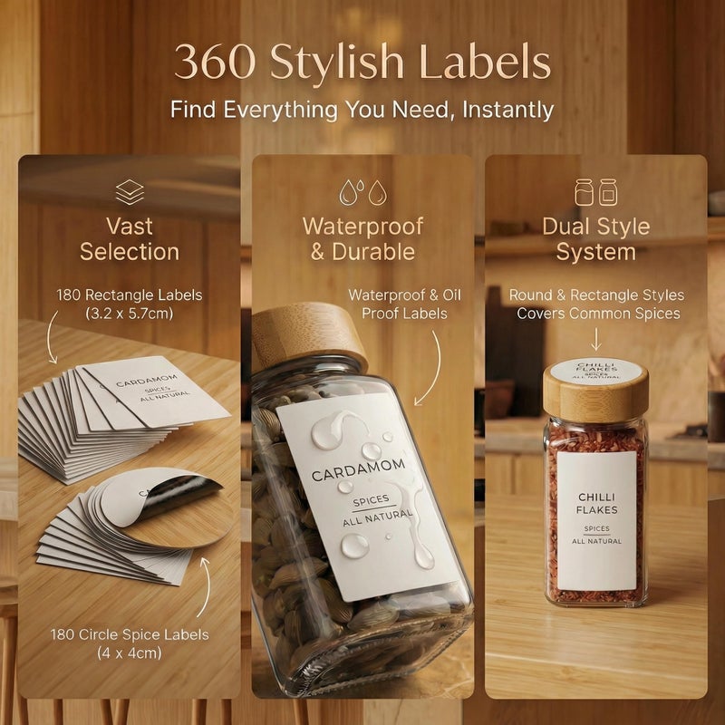 Livabl Glass Spice Jars with 360 Labels -24 pcs- 4oz- Spice Containers with Bamboo Lids -Shaker Lids- Pepper Grinder-Spice Organization for Cabinet-Drawer-Rack-Seasoning Organizer-Square bottles - Image 3