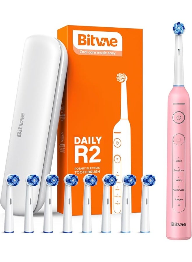 Bitvae R2 Rotating Electric Toothbrush for Adults with 8 Brush Heads, 5 Modes Rechargeable Power Toothbrush with Pressure Sensor, Pink - Image 1