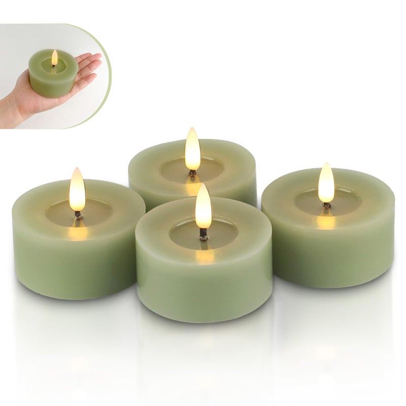 Rhytsing Set of 4 Sage Green Flamless LED Votive Candles Dia 28 with Reflective Wax Oil Surface for Spring and Summer Wax Battery Operated Candles with Timer for Christmas Wreath H 12