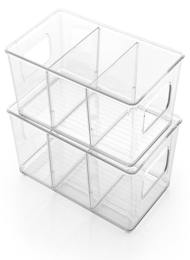 Xiran Fridge Storage Boxes Organizer Bins, 3 Partition Stackable Fridge Storage Basket, Plastic Freezer Storage Containers for Fish, Meat, Vegetables, Fruits (Pack of 2, Transparent) - Image 2