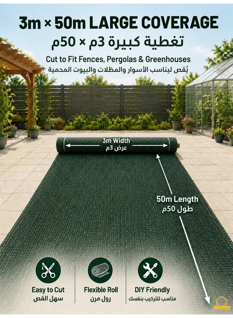 SUNRISE Dark Green Shade Net Roll 3m x 50m,Garden Plant Cover, Greenhouse Nursery Shade Cloth - Image 4