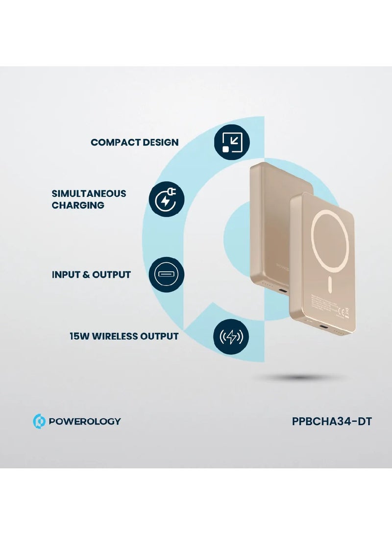 Powerology 10000mAh MagSafe Aluminum Power Bank PD 20W / Compact Design / 15W Wireless Output / Simultaneous Charging / Input & Output / Li-polymer Battery - Desert Titanium - Image 2
