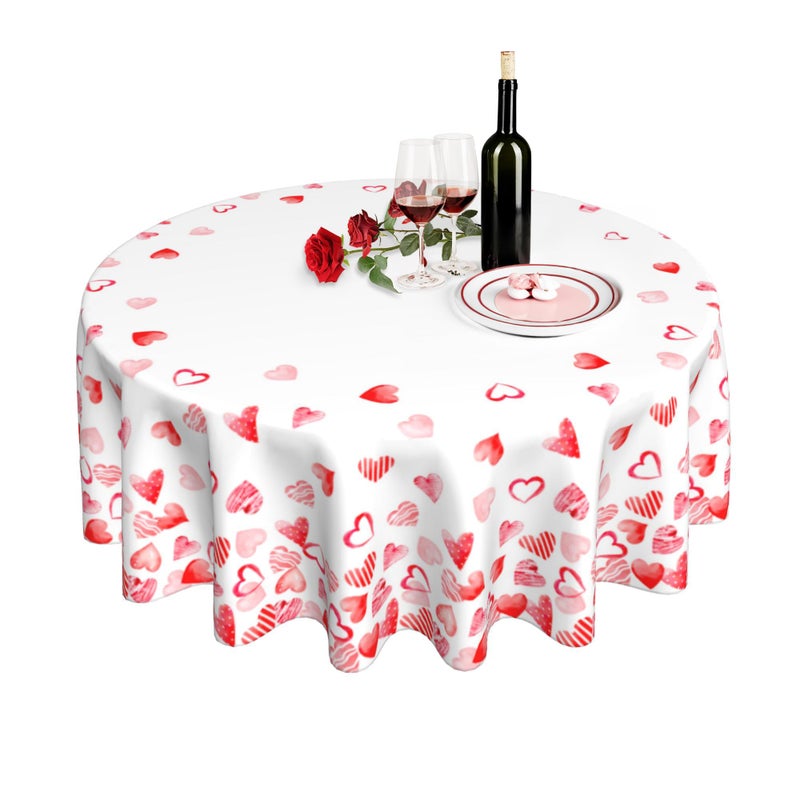 JYKCUL Happy Valentine's Day Tablecloth Round 60 Inch, Love Heart Table Cloth Washable Table Cover for Anniversary Wedding Party Picnic Kitchen Dinner Decor - Image 1