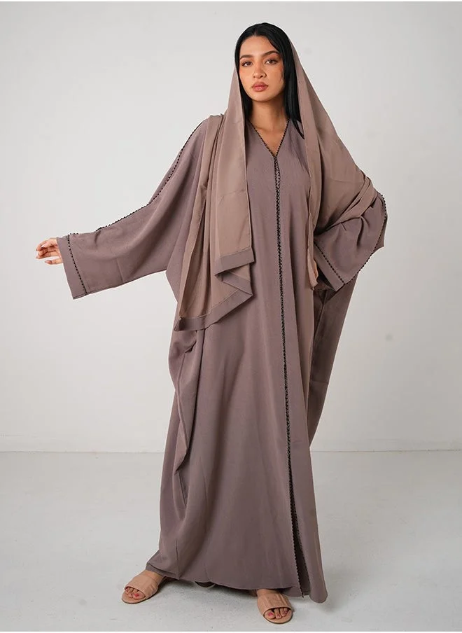 جميلة Brown Crepe Open & Close Abaya 3 pieces Set