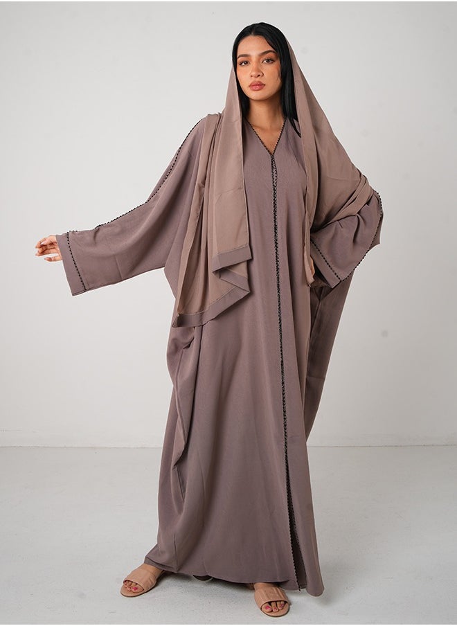 JAMEELA Brown Crepe Open & Close Abaya 3 pieces Set - Image 4