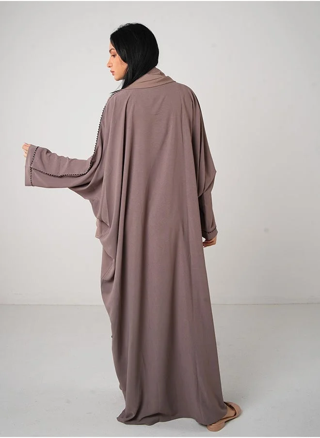 جميلة Brown Crepe Open & Close Abaya 3 pieces Set