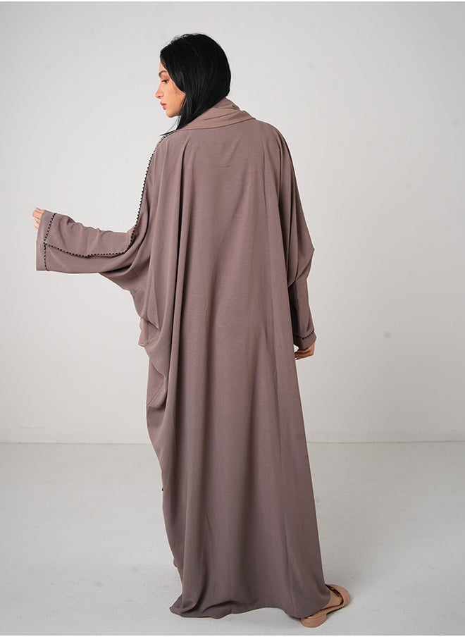 JAMEELA Brown Crepe Open & Close Abaya 3 pieces Set - Image 3