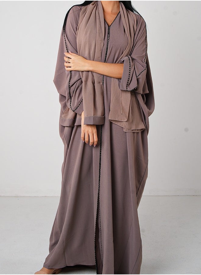 JAMEELA Brown Crepe Open & Close Abaya 3 pieces Set - Image 2