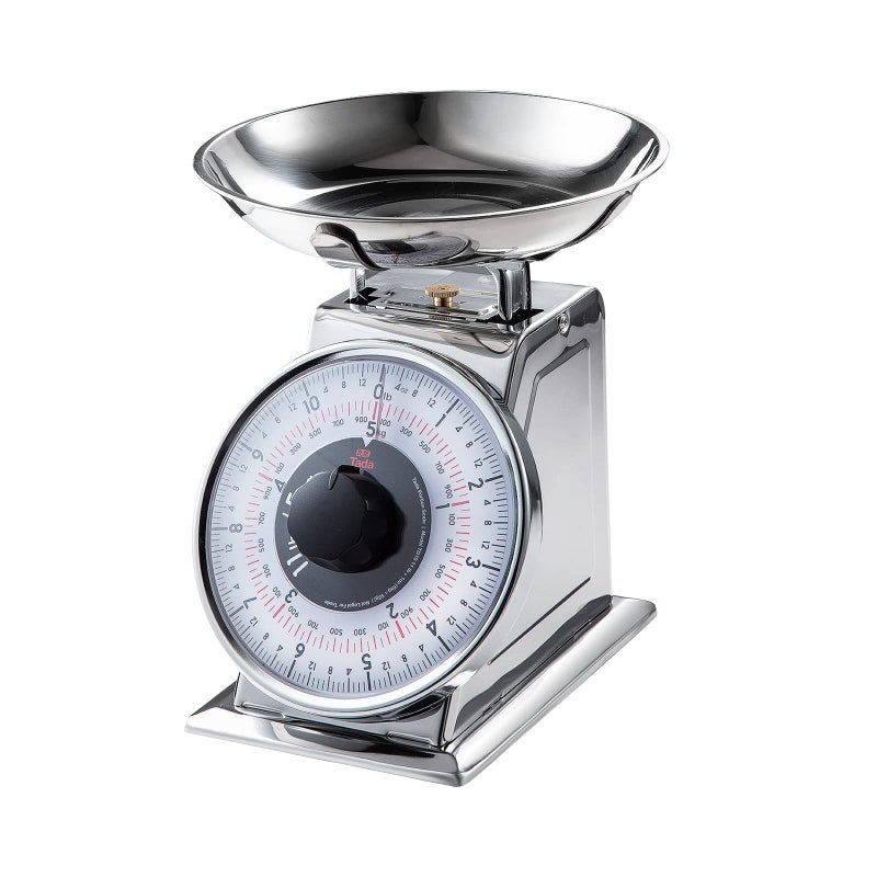Tada 11lb Analog Mechanical Kitchen Weighing Food Scale with Bowl, Tare Function, Retro Style, Stainless Steel