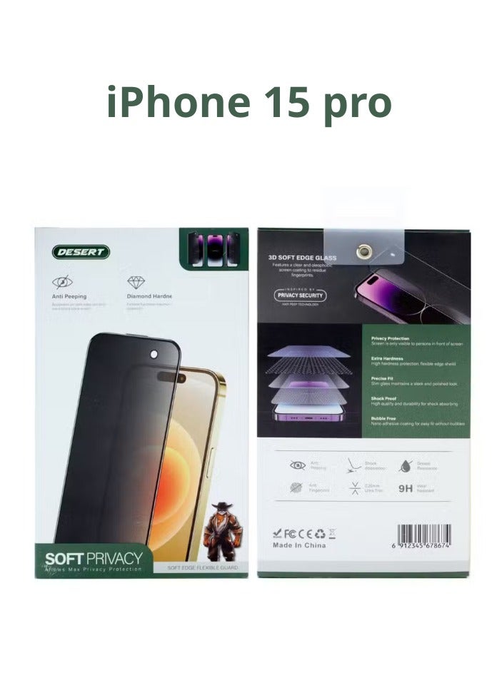 Desert Diamond Hardness Soft Privacy Screen Protector for iPhone 15 PRO , Anti-Spying - Image 4