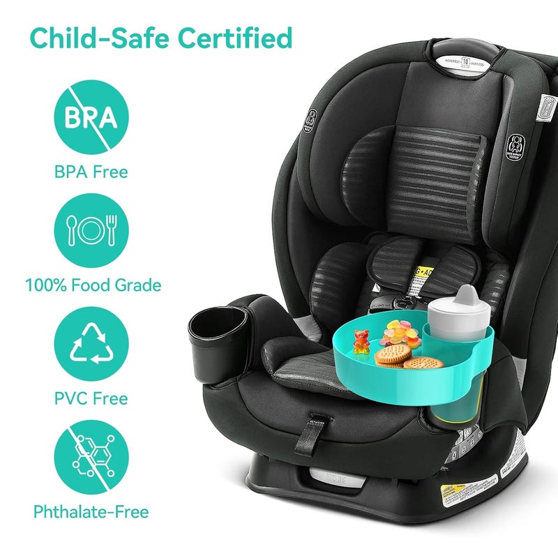 PPTSLID Car Seat Cup Holder Snack Tray: Travel Tray for Kids Car Seat Tray for Kids Travel, Console Cup Holder Food Drink Tray, Toddler Road Trip Travel Essential Accessories, Teal - Image 2