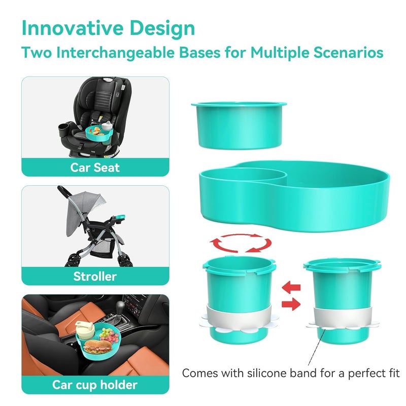 PPTSLID Car Seat Cup Holder Snack Tray: Travel Tray for Kids Car Seat Tray for Kids Travel, Console Cup Holder Food Drink Tray, Toddler Road Trip Travel Essential Accessories, Teal - Image 4