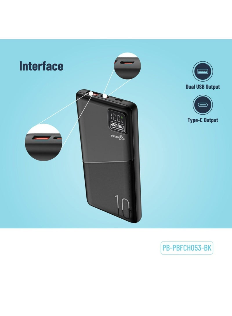 porodo Quick Charge Power Bank with USB-A & USB-C Outputs, 10000mAh Battery Capacity, Digital Display, 20W Power Delivery - Black - Image 2