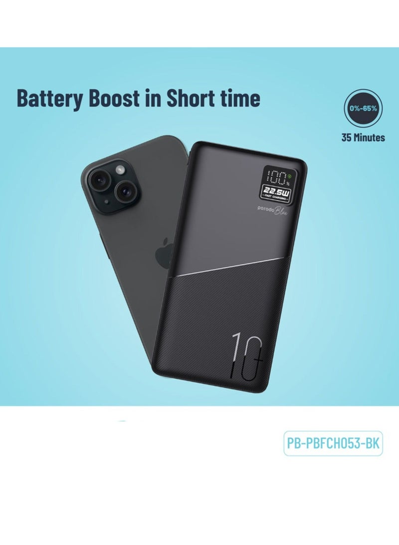 porodo Quick Charge Power Bank with USB-A & USB-C Outputs, 10000mAh Battery Capacity, Digital Display, 20W Power Delivery - Black - Image 3