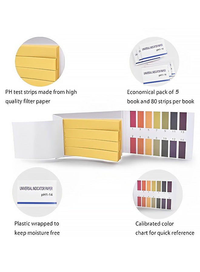 5 عبوات من شرائط اختبار الأس الهيدروجيني 400 شريط شرائط اختبار ورق عصير الليمون الاحترافية الشاملة نطاق كامل الأس الهيدروجيني 1-14 اختبار الماء واللعاب والصابون والبول والسوائل الغذائية والتربة والتجارب الكيميائية - Image 5