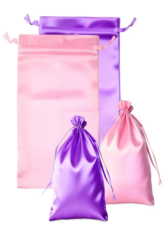 LUSTRIB 2 Pcs Satin Wig Storage Bags with Drawstring, 10 x 14inch Silk Wig Bags for Multiple Wigs, Hair Extensions, Weaves Organizer (Pink & Purple) - Image 1