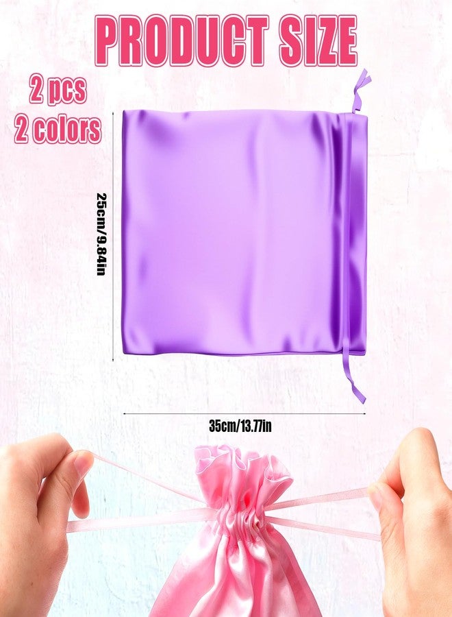 LUSTRIB 2 Pcs Satin Wig Storage Bags with Drawstring, 10 x 14inch Silk Wig Bags for Multiple Wigs, Hair Extensions, Weaves Organizer (Pink & Purple) - Image 2