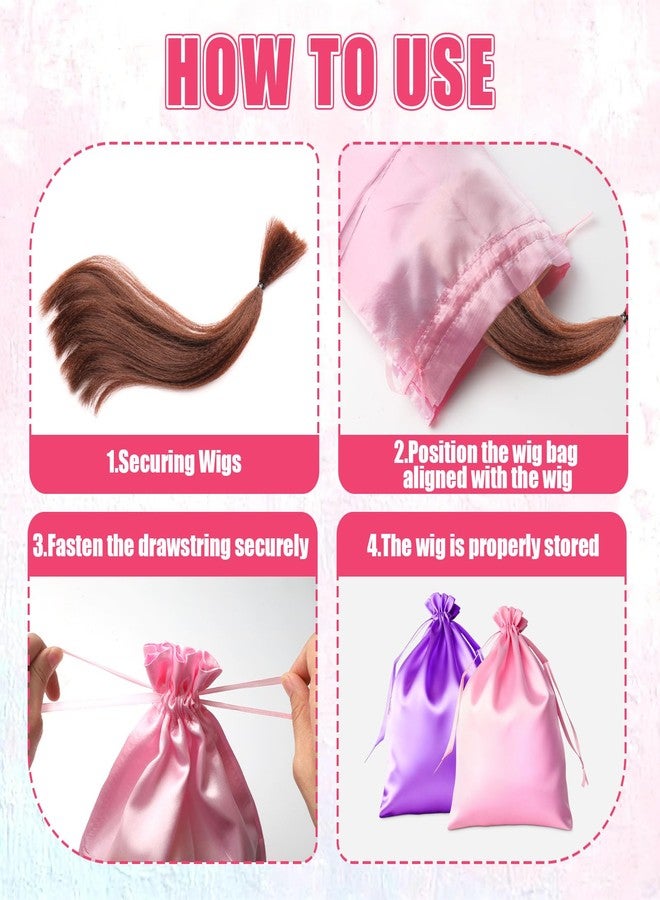 LUSTRIB 2 Pcs Satin Wig Storage Bags with Drawstring, 10 x 14inch Silk Wig Bags for Multiple Wigs, Hair Extensions, Weaves Organizer (Pink & Purple) - Image 5