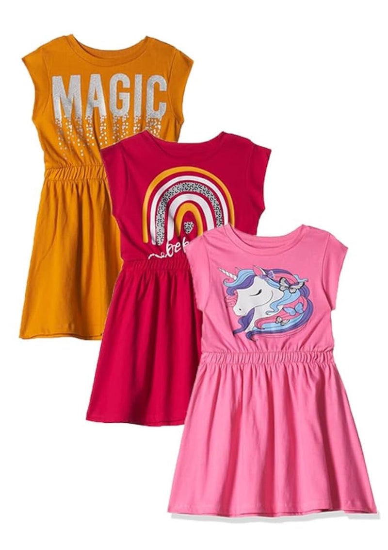 T2F Girls Cotton Printed Casual Knee-Length Dress(Pack of 3) - Image 1