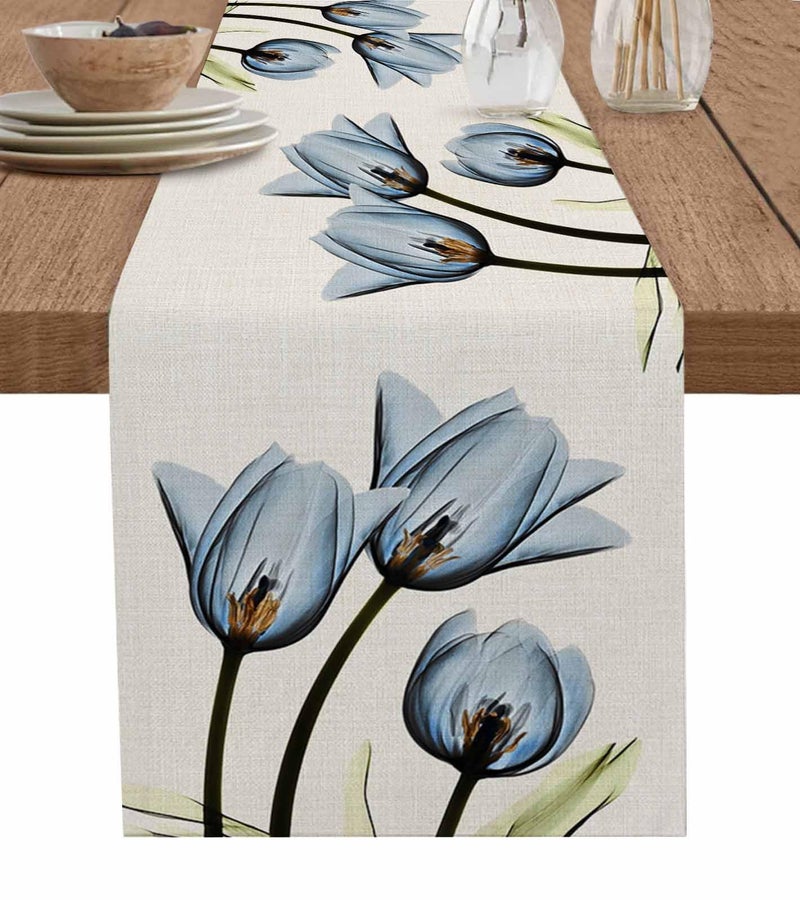 Falaniique Blue Floral Table Runner 36 Inches LongKitchen Dinner Retro Tulip Flower Linen Dining Table Runners Dresser ScarfFarmhouse Burlap Holiday Tablerunner for CoffeeDiningPartyWedding Table 