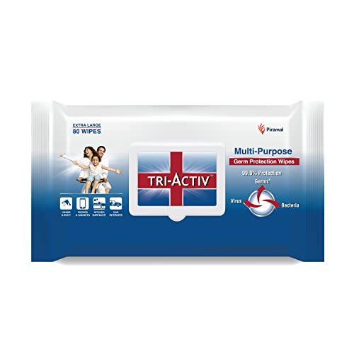 Tri-Activ Disinfecting and Sanitizing Multipurpose Germ Protection Wipes | 33% Extra Large 80 Wipes Lid pack| Pack of 1, White - Image 1