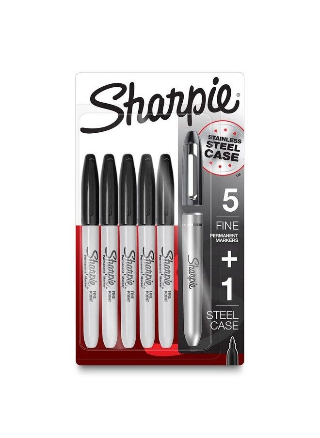 Sharpie Permanent Markers With Stainless Steel Marker Case Fine Point Black 6 Count  - Image 1