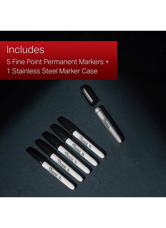 Sharpie Permanent Markers With Stainless Steel Marker Case Fine Point Black 6 Count  - Image 5