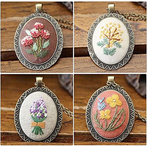 ZOCONE 4 Packs Embroidery Necklace Kits, Embroidery Pendant Kit Mini Cross Stitch Kit with 4 Hoops, Necklace, Pendant, Stamped Pattern Cloth, Instructions, etc., Embroidery Kits for Adults - Image 4