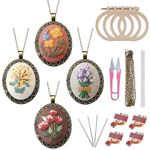 ZOCONE 4 Packs Embroidery Necklace Kits, Embroidery Pendant Kit Mini Cross Stitch Kit with 4 Hoops, Necklace, Pendant, Stamped Pattern Cloth, Instructions, etc., Embroidery Kits for Adults - Image 1