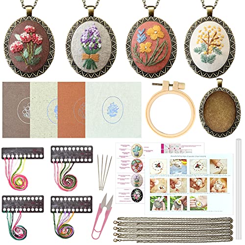 ZOCONE 4 Packs Embroidery Necklace Kits, Embroidery Pendant Kit Mini Cross Stitch Kit with 4 Hoops, Necklace, Pendant, Stamped Pattern Cloth, Instructions, etc., Embroidery Kits for Adults - Image 2