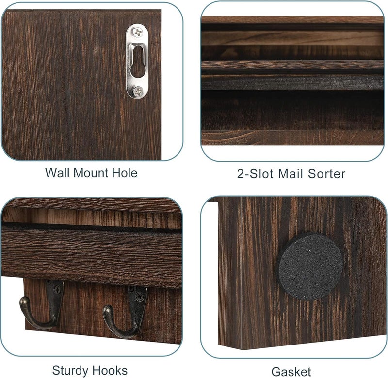 BTY Mail Holder for Wall, Wooden Mail Sorter with 4 Key Hooks, 2 Slot Wall Mounted Mail Sorter Letter Bills Newspaper Magazine Organizer for Entryroom Hallway Office Garage, Rustic Brown - Image 3