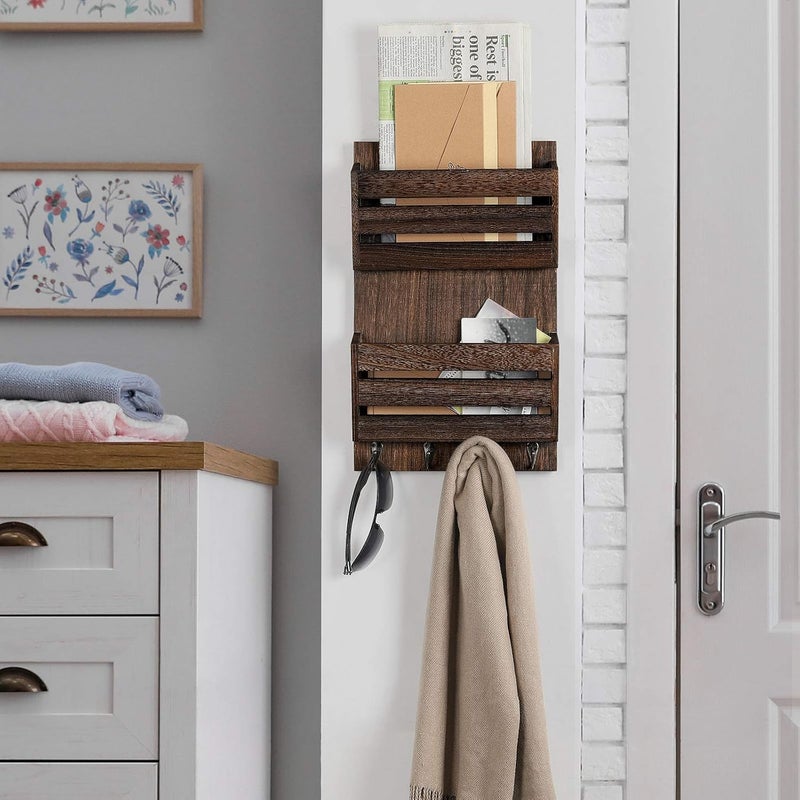 BTY Mail Holder for Wall, Wooden Mail Sorter with 4 Key Hooks, 2 Slot Wall Mounted Mail Sorter Letter Bills Newspaper Magazine Organizer for Entryroom Hallway Office Garage, Rustic Brown - Image 4