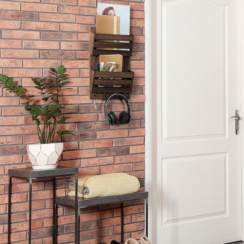 BTY Mail Holder for Wall, Wooden Mail Sorter with 4 Key Hooks, 2 Slot Wall Mounted Mail Sorter Letter Bills Newspaper Magazine Organizer for Entryroom Hallway Office Garage, Rustic Brown - Image 5