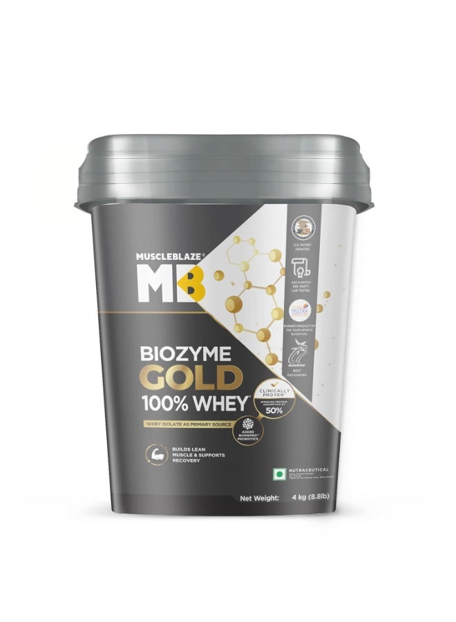 مسل بلايز مسحوق بروتين مصل اللبن MuscleBlaze Biozyme Gold (نقي بنسبة 100%)، بنكهة الشوكولاتة الغنية (4 كجم / 8.8 رطل) | 26 جم بروتين لكل مكيال | بروتين مصل اللبن المعزول (Whey Isolate) كمصدر أساسي للبروتين - Image 1