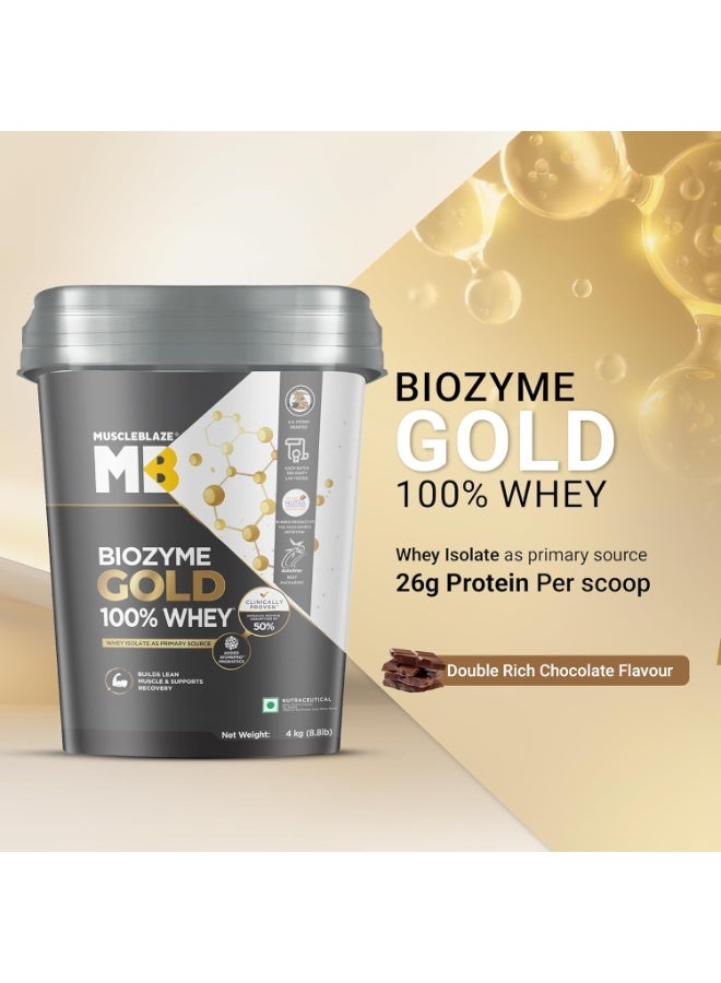 مسل بلايز مسحوق بروتين مصل اللبن MuscleBlaze Biozyme Gold (نقي بنسبة 100%)، بنكهة الشوكولاتة الغنية (4 كجم / 8.8 رطل) | 26 جم بروتين لكل مكيال | بروتين مصل اللبن المعزول (Whey Isolate) كمصدر أساسي للبروتين - Image 2