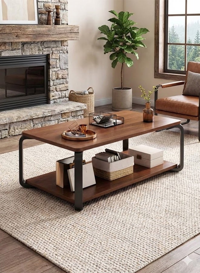 تايمي طاولة قهوة خشبية بتصميم عصري مع مساحة تخزين مزدوجة الطبقات وأرجل معدنية طاولة لغرفة المعيشة والمكتب 100x50x43سم - Image 1